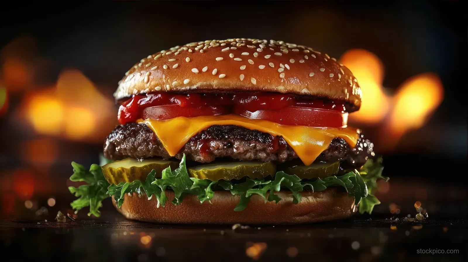 Juicy cheeseburger with melted cheddar and fresh toppings sits against a dark background with blurred flames.
