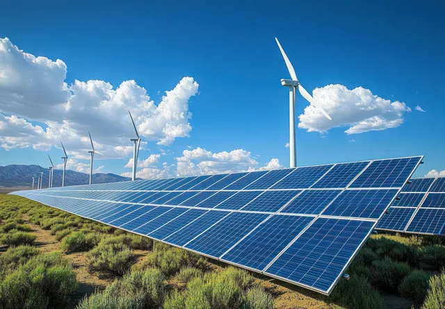 Solar panels and wind turbines producing clean power across a dry shrubland