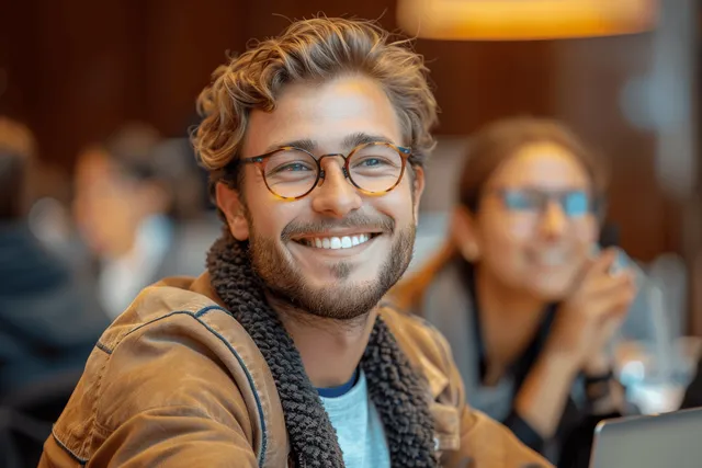 Smiling young businessman typing on a laptop during an office meeting while colleagues listen in the background.