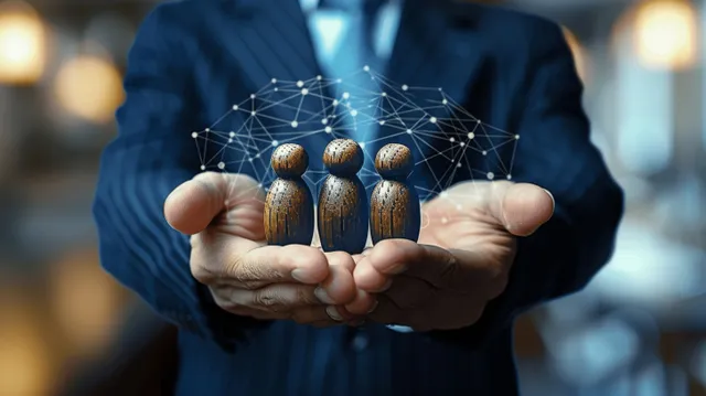 Hands holding wooden figure tokens with a glowing network overlay, representing corporate control and influence.