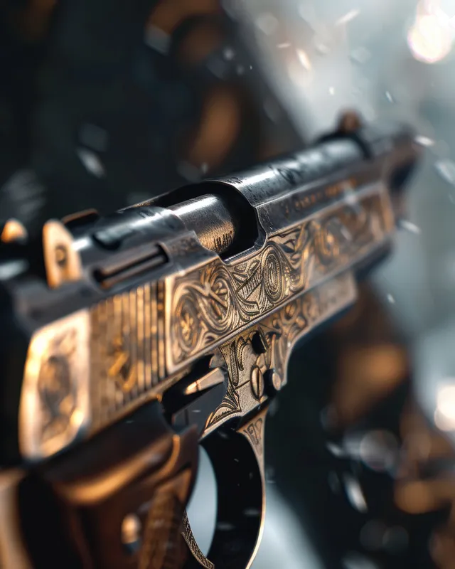 Close-up of an engraved German pistol aiming in a dim shooting range with blurred shooters in the background.