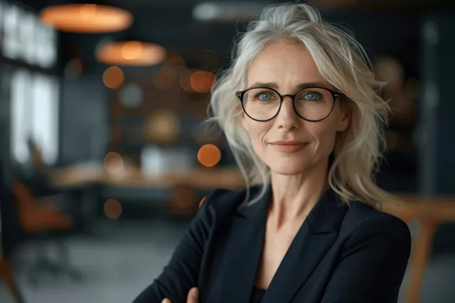 Mature businesswoman in black blazer with glasses, smiling in modern office with bokeh lights