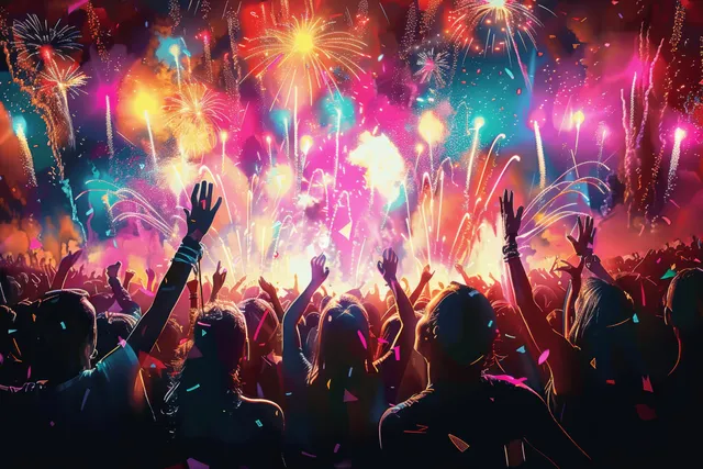 Dancing concert crowd at night with colorful fireworks bursting above the stage lights
