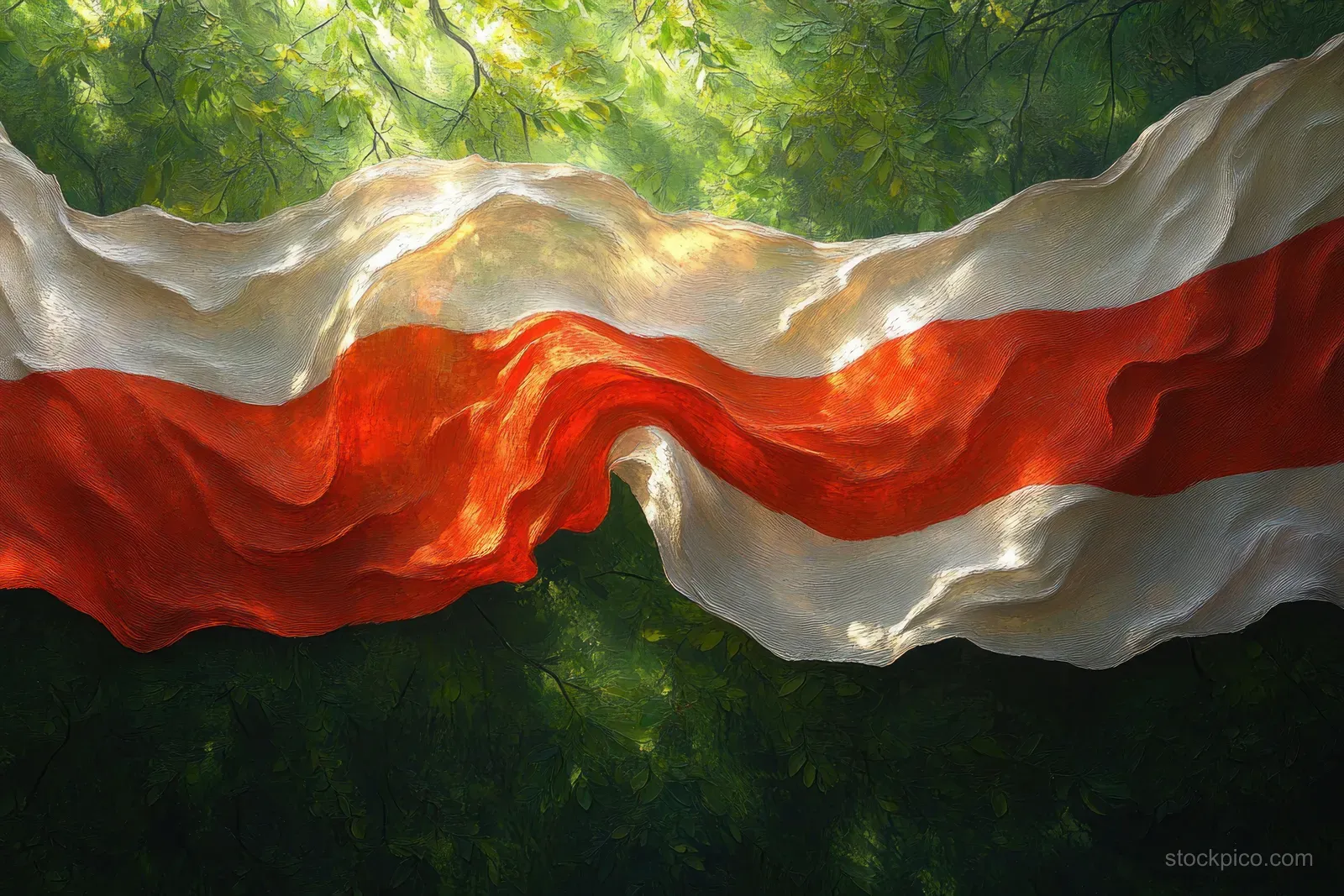 Polish flag waving in the breeze among leafy trees with dappled sunlight filtering through branches.