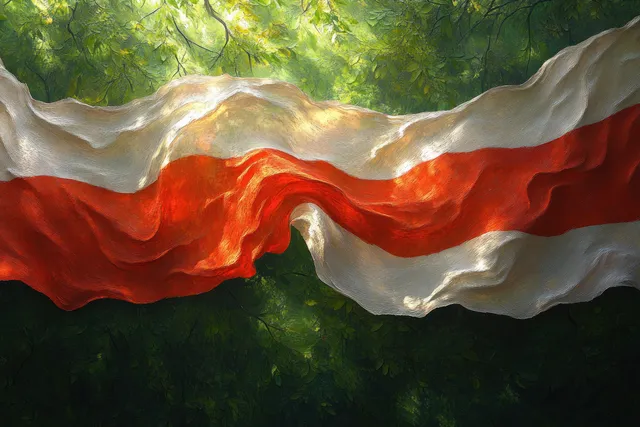 Polish flag waving in the breeze among leafy trees with dappled sunlight filtering through branches.