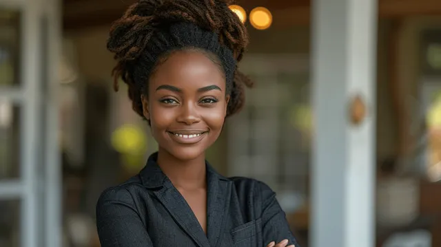 Smiling African American female real estate agent standing in front of a modern house entrance
