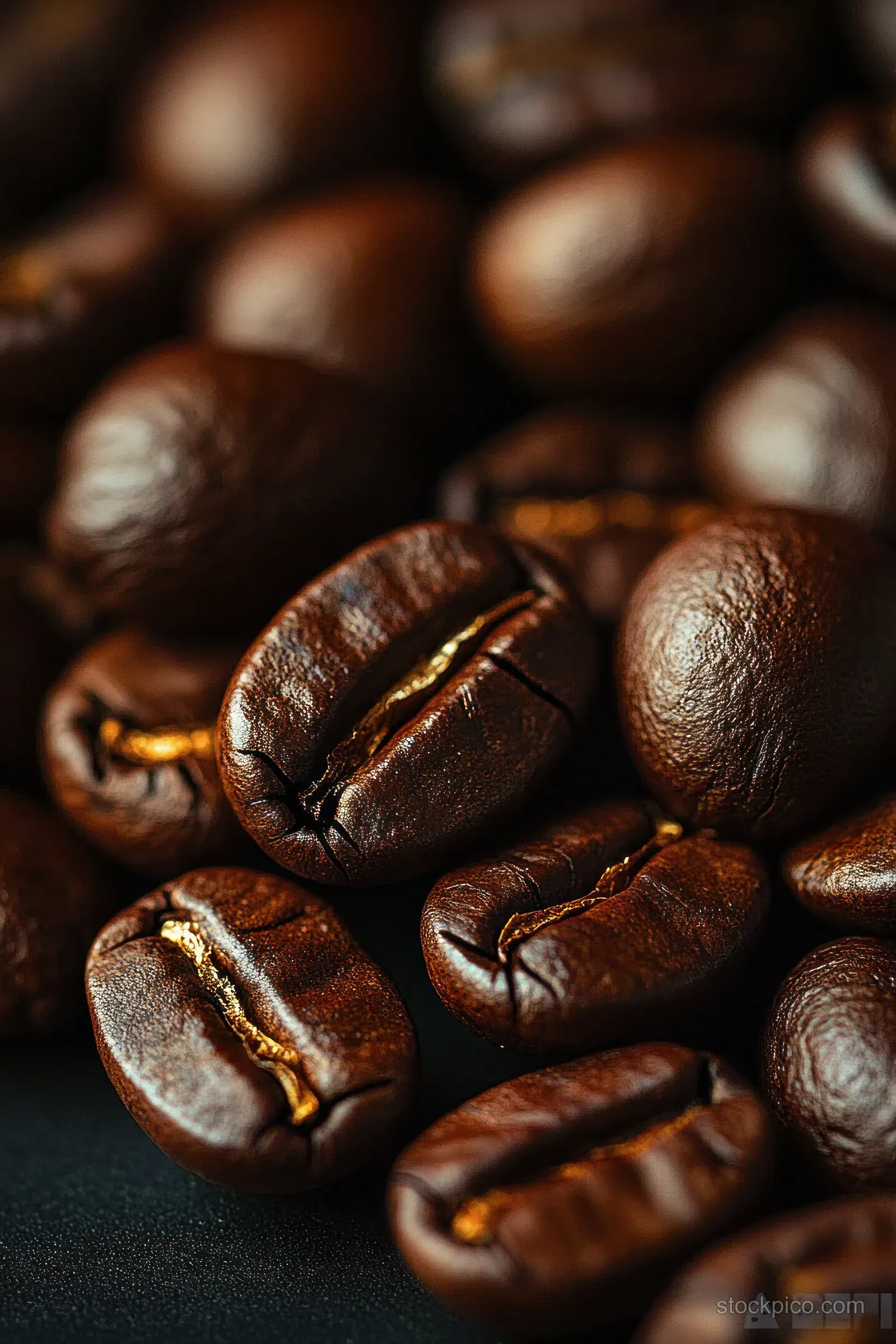 Roasted coffee beans in a close-up pile showing cracked, glossy dark brown surfaces.
