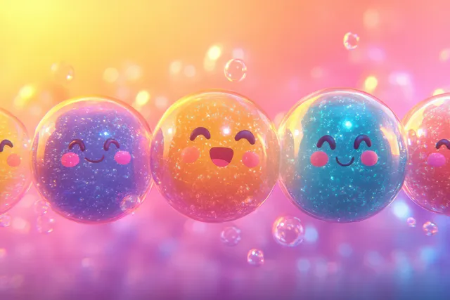 Glowing emoji chat bubbles with smiling faces float on a soft gradient background with sparkling bubbles.
