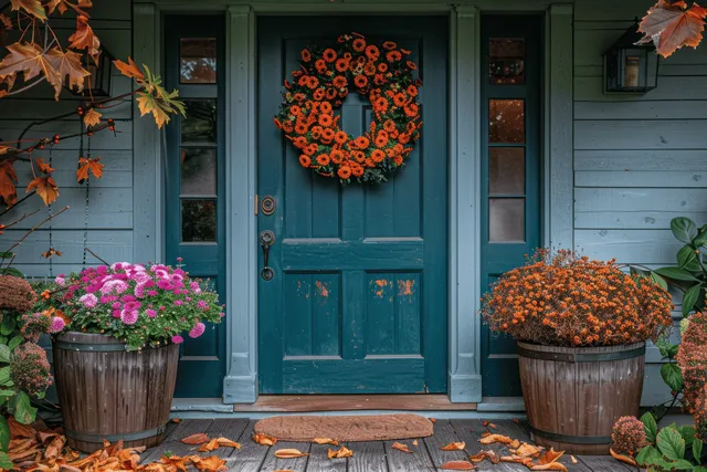 Green front door with a pumpkin wreath and chrysanthemum pots on a wooden porch with fallen leaves.