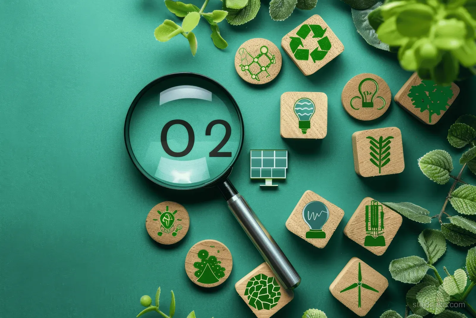 Magnifying glass focuses on wooden CO2 and solar energy icons with wind and eco symbols over green leaves.