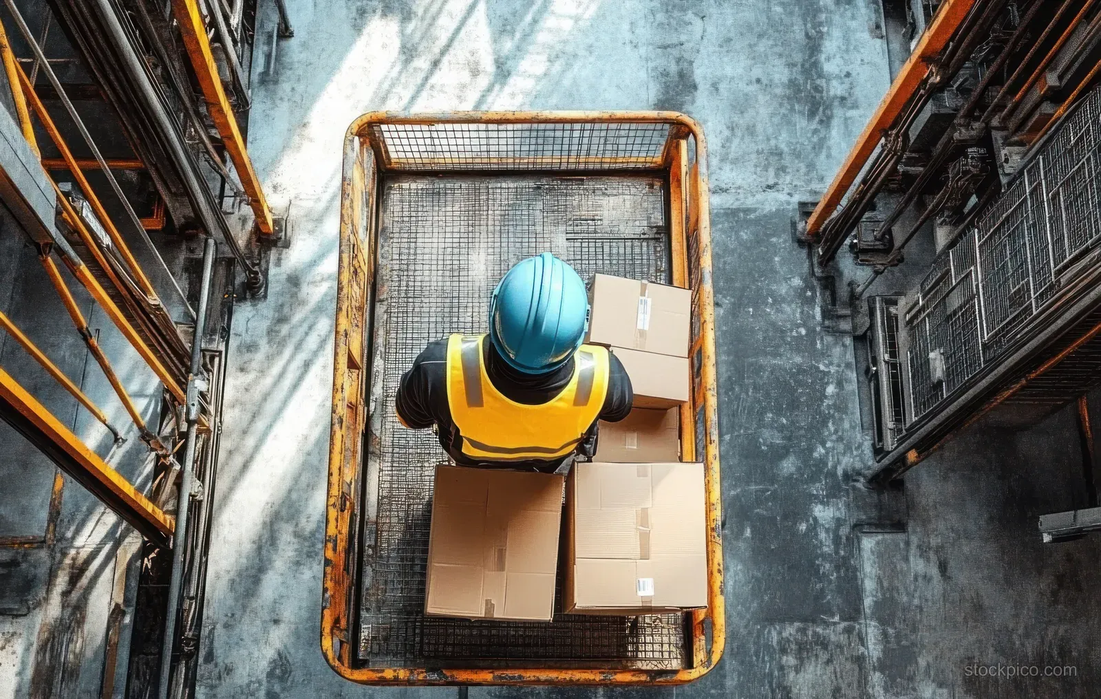 A warehouse worker in a blue helmet and yellow vest lifts cardboard boxes on a metal platform between storage racks.