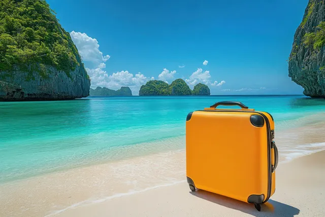 Bright orange suitcase on white sand beach beside turquoise sea and green islands