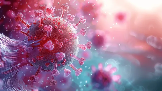 3D coronavirus-like cell in close-up with glowing immune response particles and bio-medical light effects.