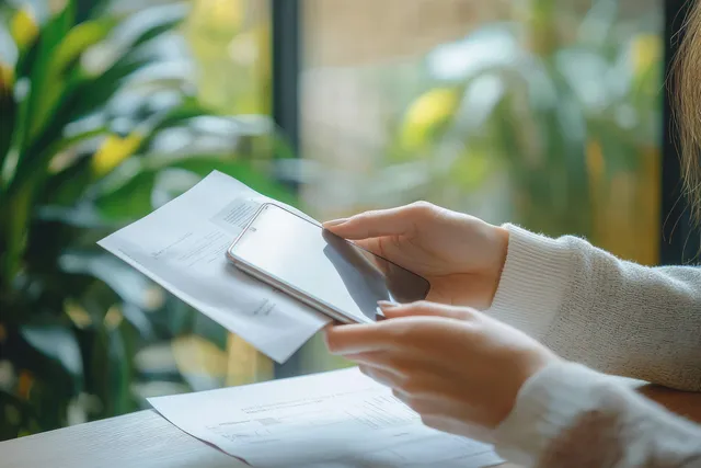 Person holding a paper invoice and smartphone while scanning a barcode for bill payment receipt.