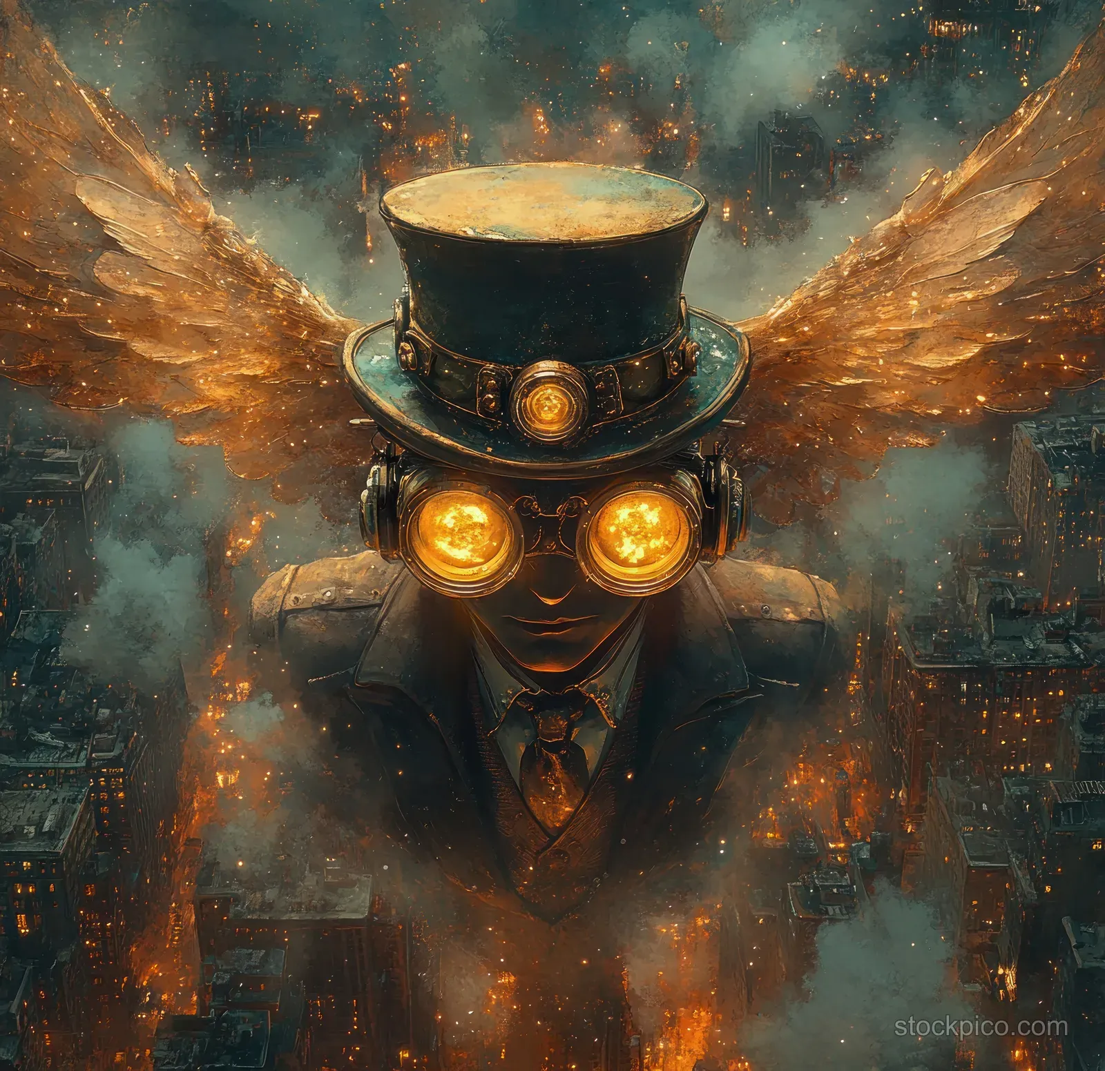 Steampunk automaton with glowing goggles and clockwork gears, surrounded by sparks and smoky industrial machinery.
