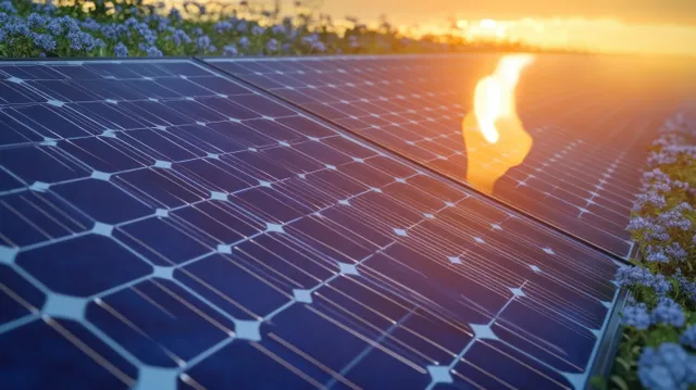 Sunlit rooftop solar panels with a dark shadowed paragraph sign overlay in warm sunset lighting.