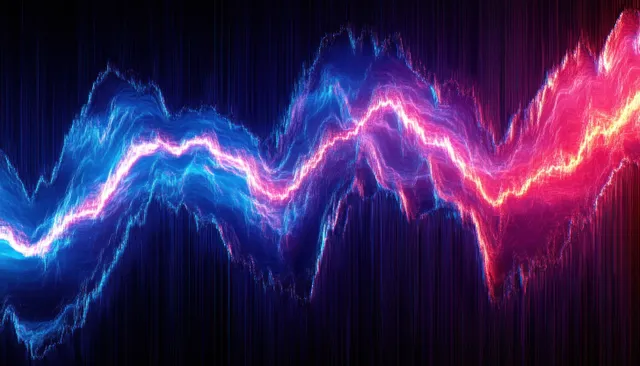 Electric blue and red light waveforms pulse across a dark background with glowing, jagged electric lines.