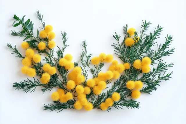 Mimosa flower wreath arranged in flat lay on white background with fresh green foliage