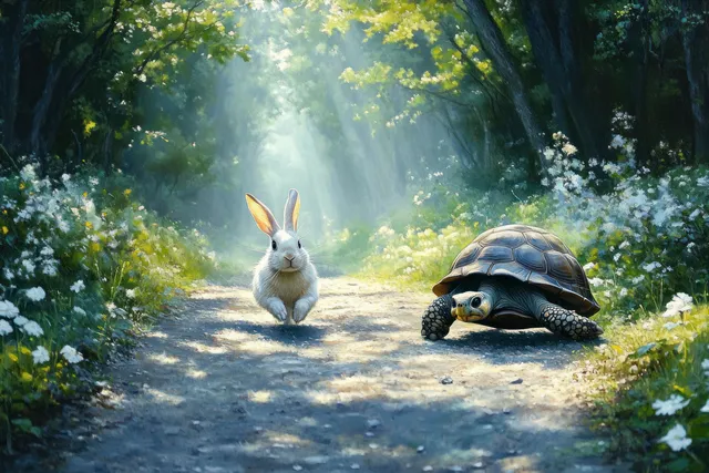Rabbit and tortoise race along a sunlit forest path with whimsical expressions