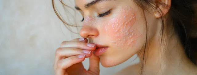 Young woman touching itchy red facial rash in soft natural light