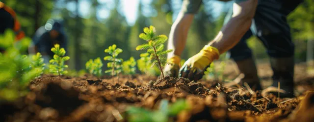 Volunteers plant pine saplings in a forest soil pit during reforestation event