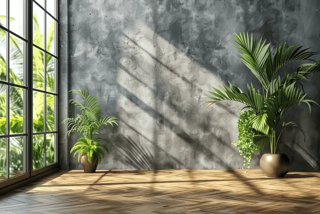 Sunlit indoor corner with potted tropical plants against concrete wall and window shadows
