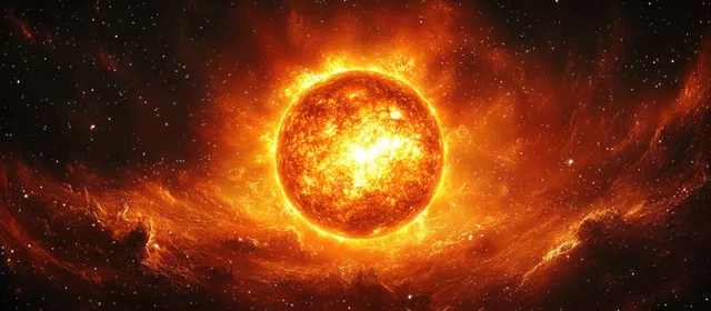 An orange glowing sun floats amid stars and fiery nebula clouds with swirling light rays.