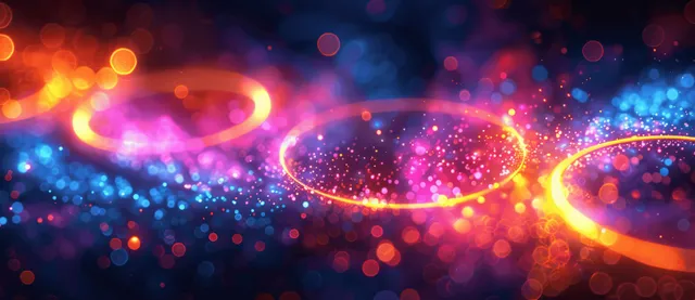Neon ring light trails over colorful bokeh dots for energetic sports event backdrop