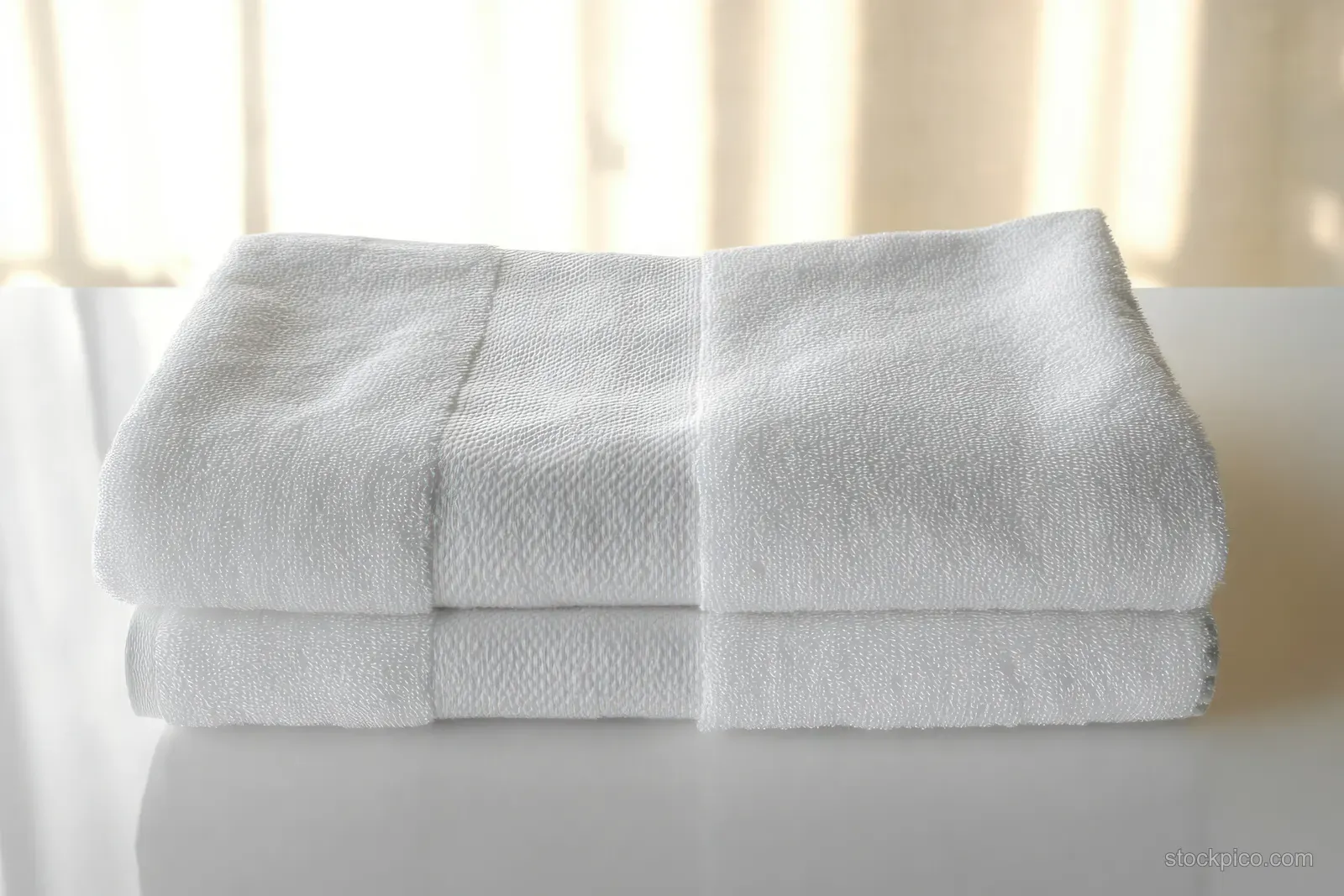 Folded white towels stacked on a glossy white surface under soft natural light.