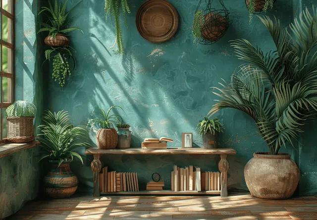 Wooden table with books and decor against green palm leaf wallpaper in a boho living room interior.