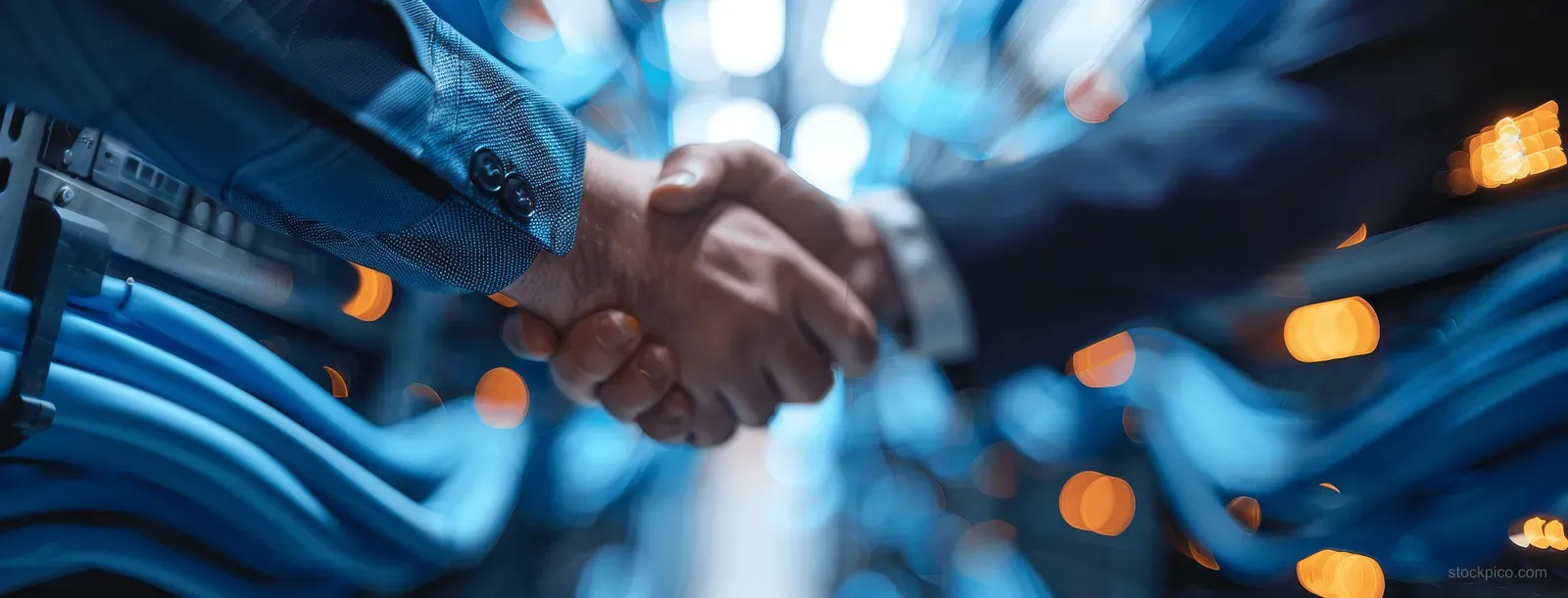Two businessmen shake hands in an office scene with blurred people and bright background lights.