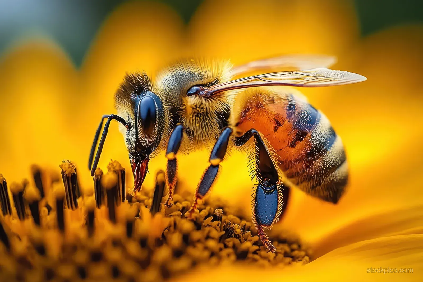 A bee gathers nectar from the center of a bright yellow flower, showing detailed wings and fuzzy body.