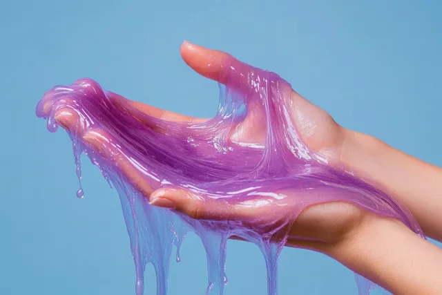 Child hands stretching dripping purple slime over smooth blue background