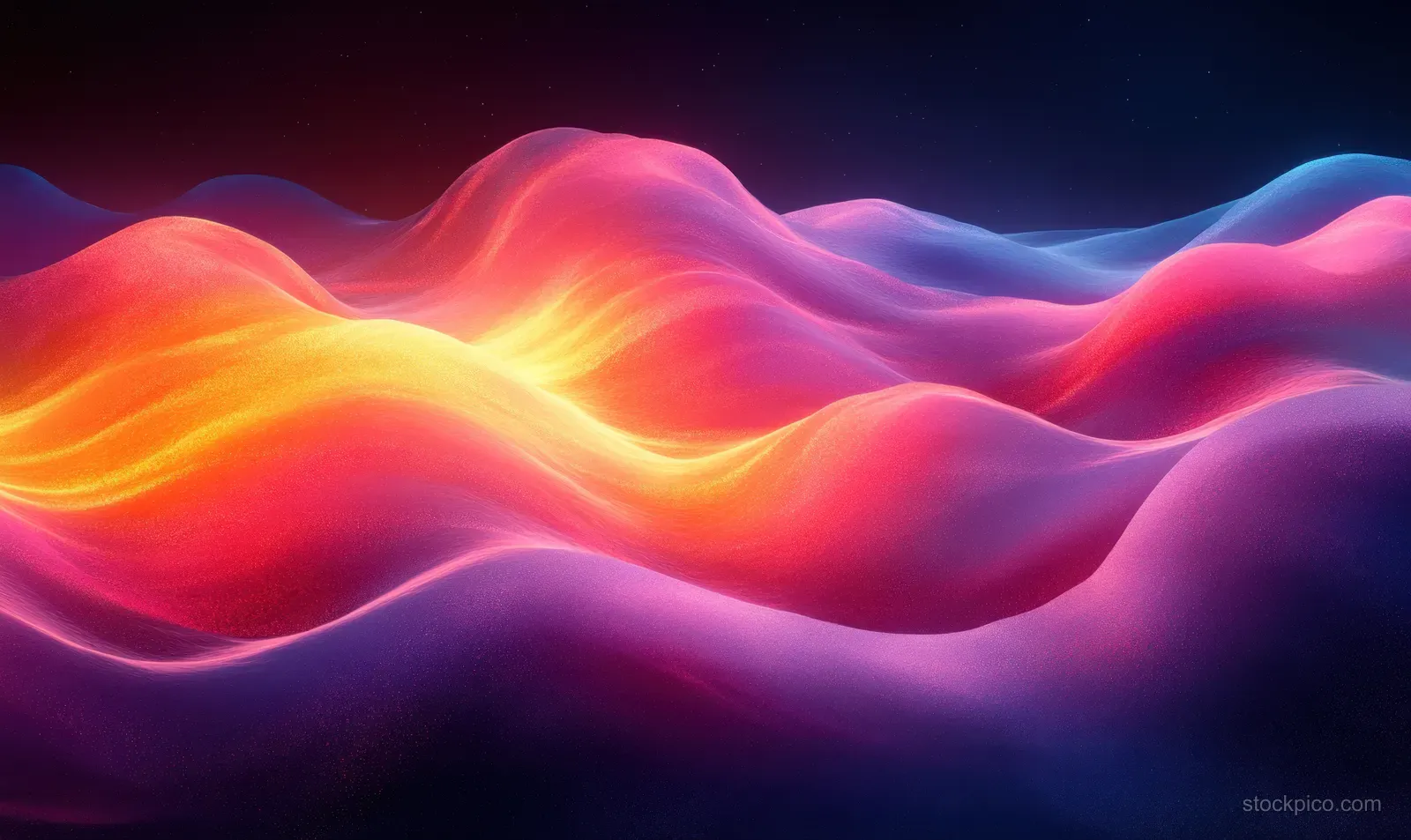 Neon glowing waves ripple across a dark background with colorful gradient highlights and iridescent reflections.