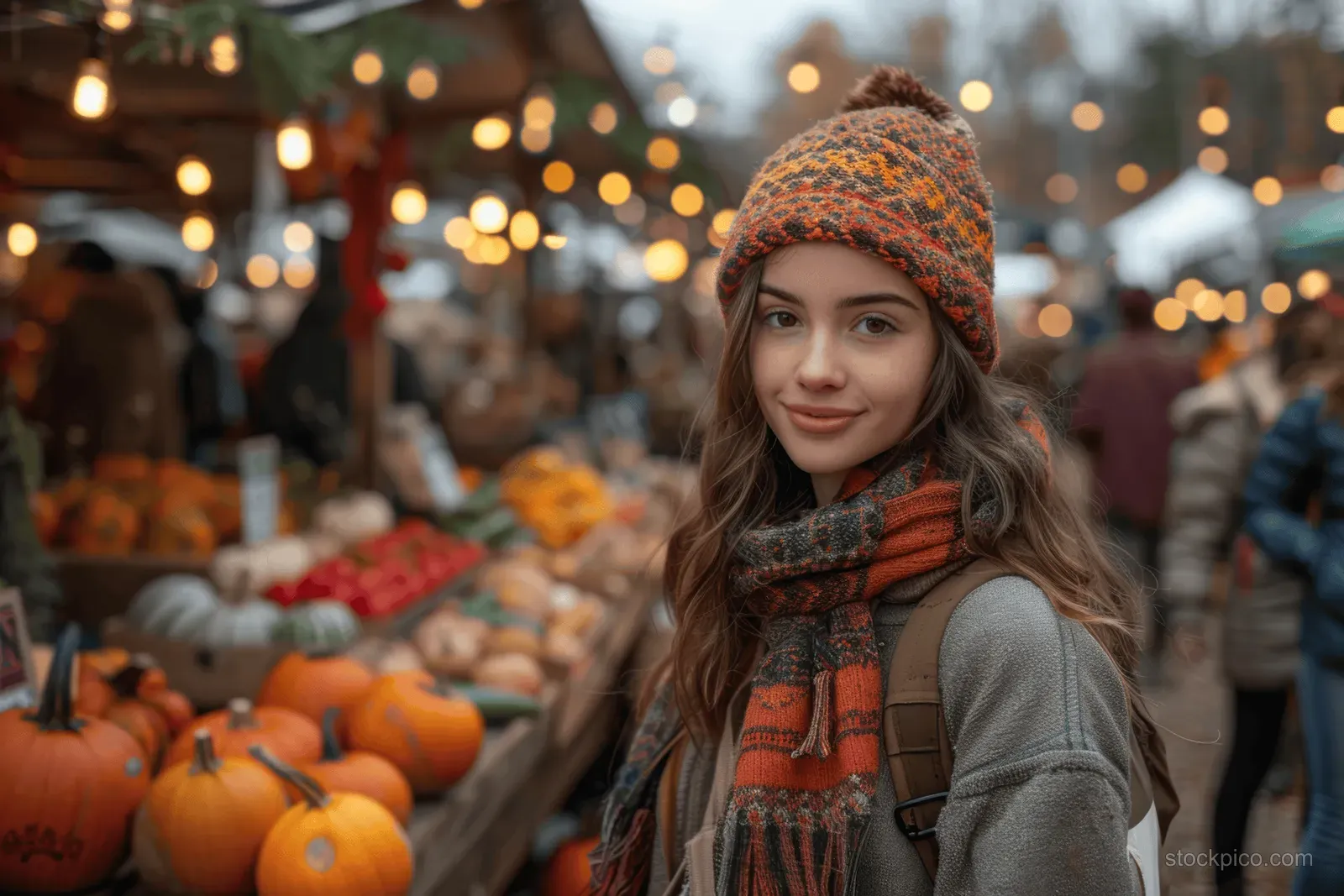 Woman wearing a knit hat and scarf at an outdoor farmers market with pumpkins and glowing string lights at sunset.