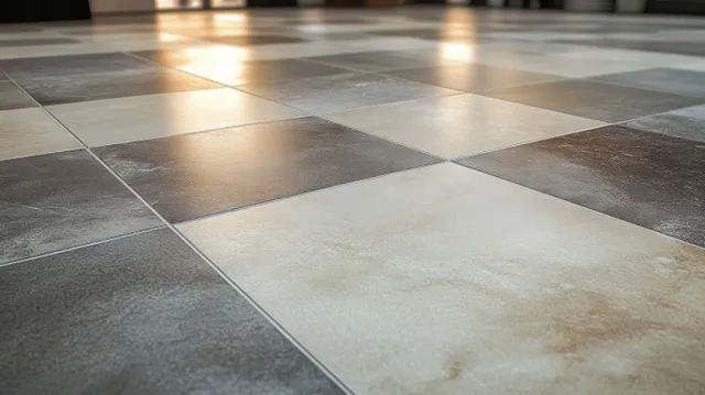 Close-up of square gray and beige floor tiles with textured surface and angled light reflections.