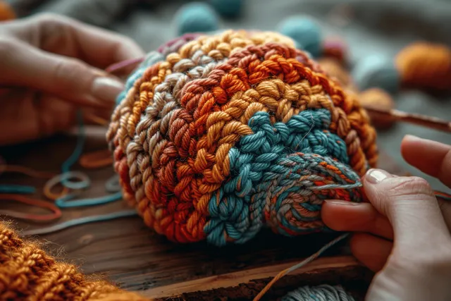 Hands shaping a knitted multicolored brain on wooden table with yarn threads around it