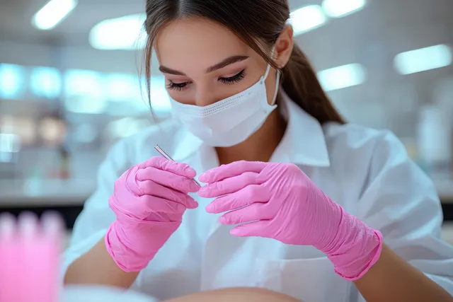 A masked lab technician in pink gloves carefully handles a small tool in a bright clinical laboratory.