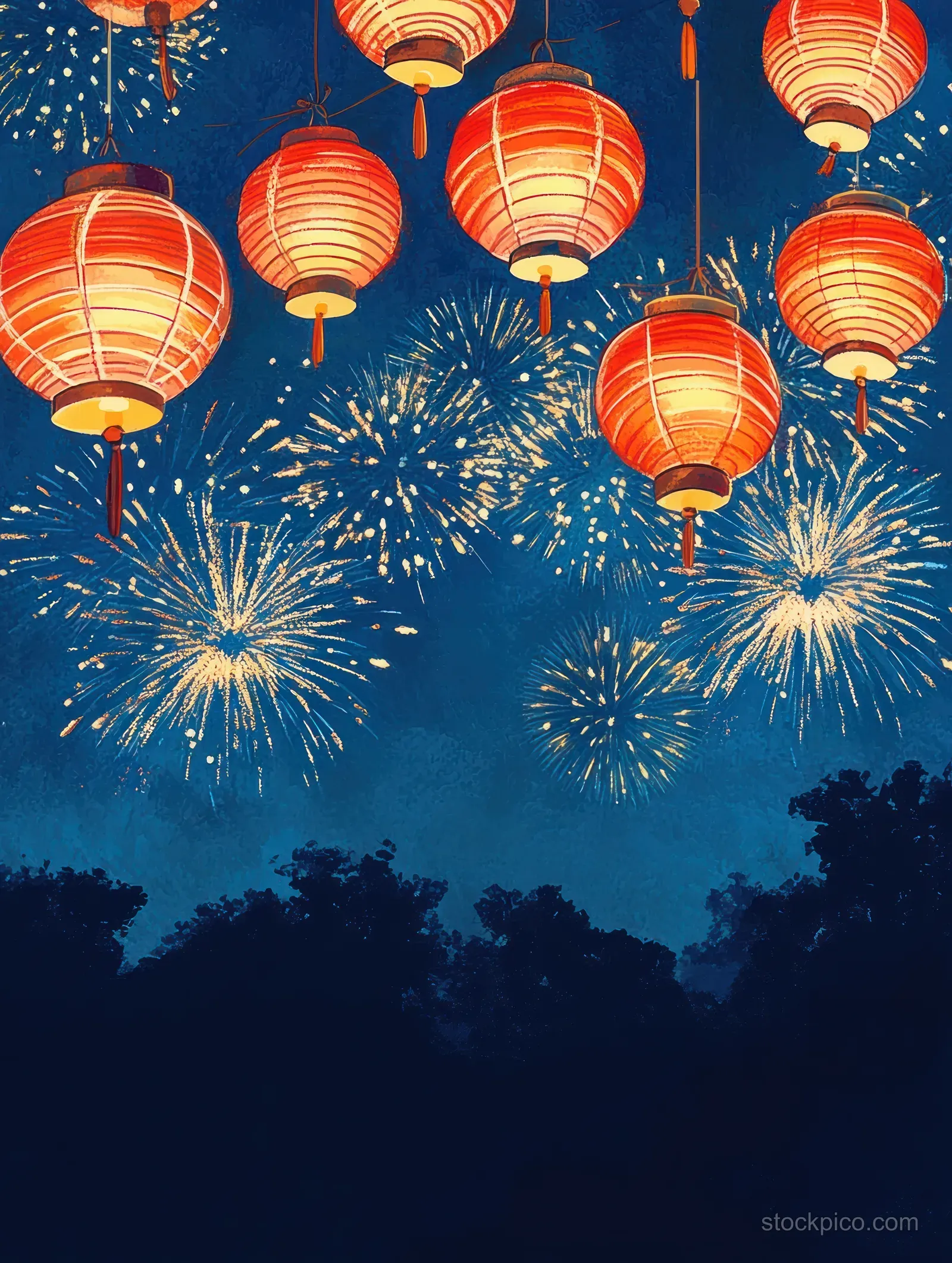 Red hanging lanterns glow above colorful fireworks over a dark mountain silhouette at night.