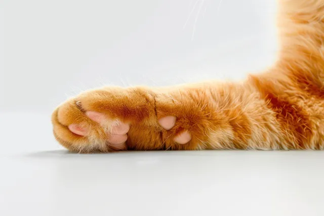 Orange cat paw resting on white surface with visible pink pads and soft fur detail