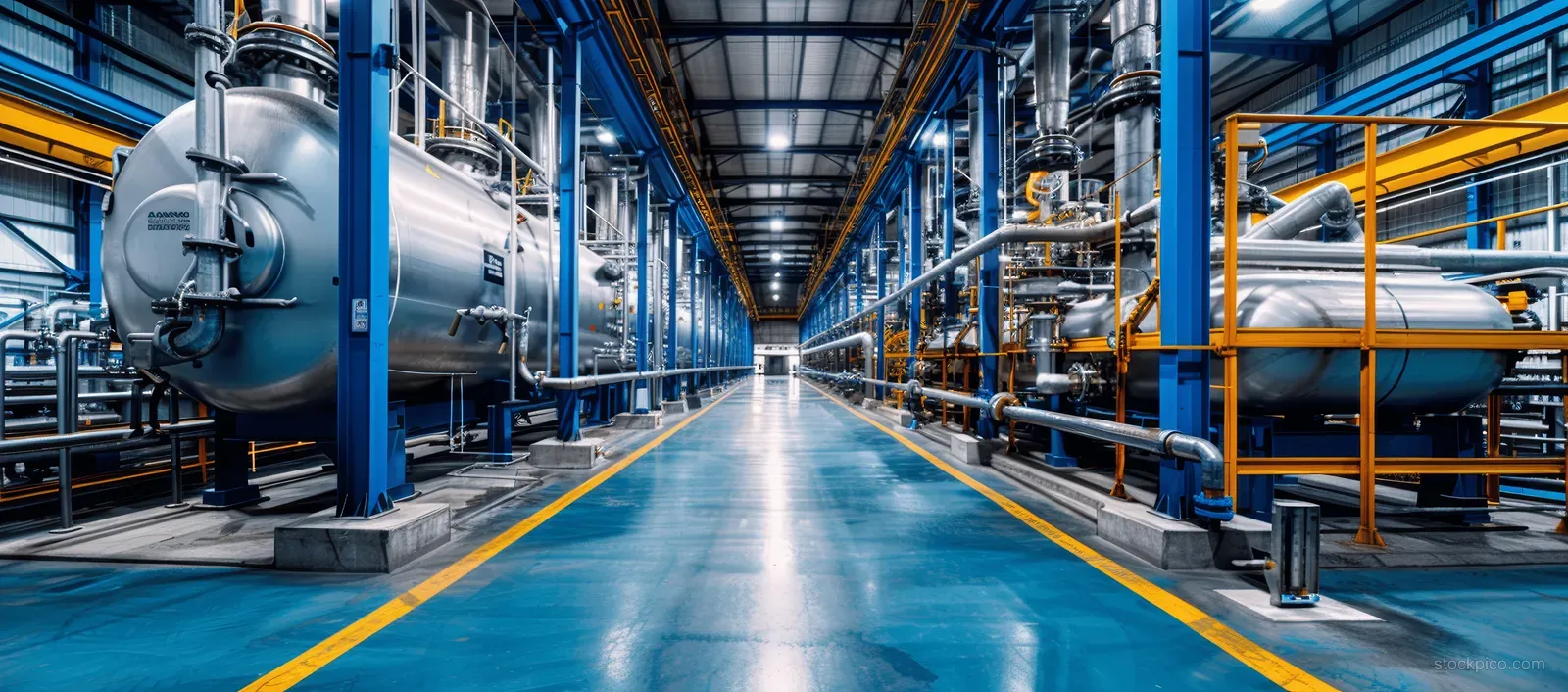 Interior corridor of a hydrogen water treatment plant with steel tanks and pipe networks along the walls.