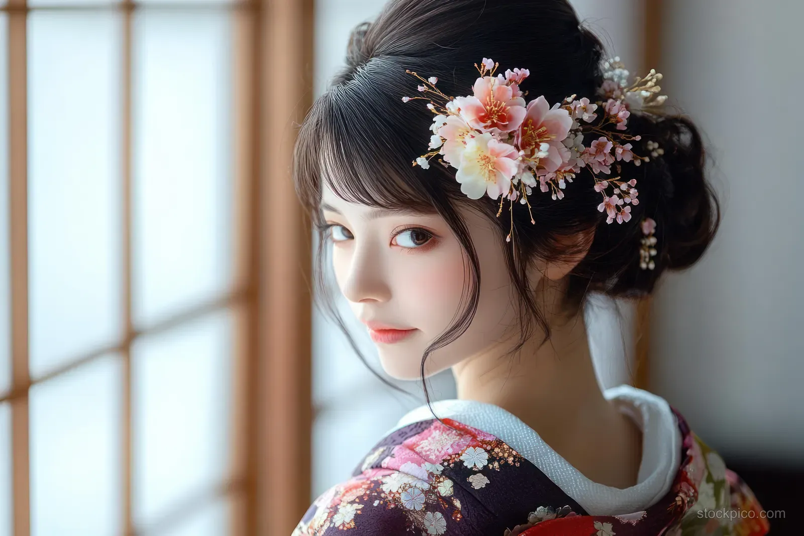 Woman in a furisode kimono indoors adjusting her floral hairpiece with soft daylight.