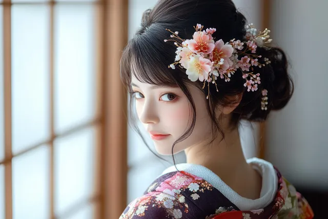 Woman in a furisode kimono indoors adjusting her floral hairpiece with soft daylight.
