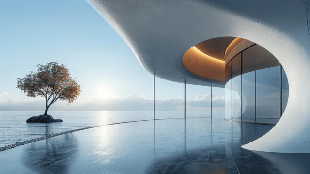 Futuristic showroom interior with empty concrete floor and curved window facade, car-ready space