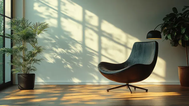 Black lounge chair in a bright room, with sunlit window shadows and potted plants along the wall.