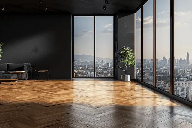 Bright minimalist living room with floor-to-ceiling windows showcasing a panoramic city skyline and elegant wood flooring.
