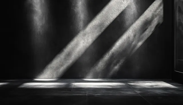 Minimalist brushed metal tabletop under spotlight against dark textured wall with sharp reflections