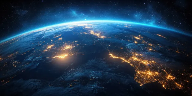 Earth at night seen from space with glowing city lights over Europe and oceans