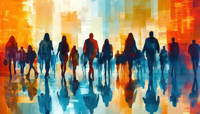 Diverse people walking together through a vibrant abstract digital cityscape