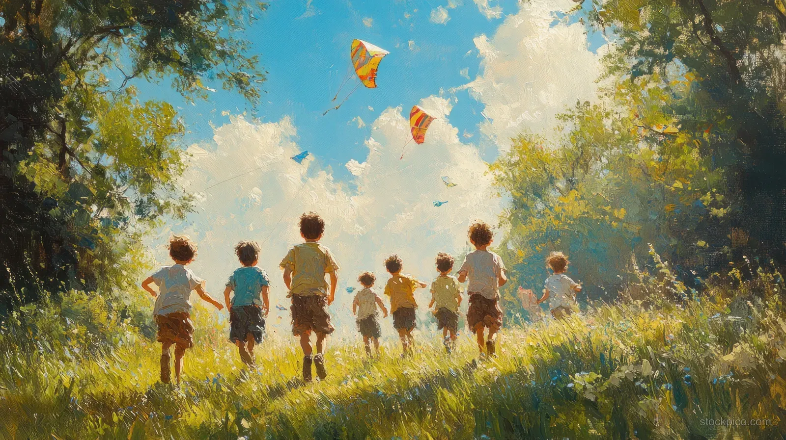 Children run across a grassy summer meadow with colorful kites flying above under blue sky.